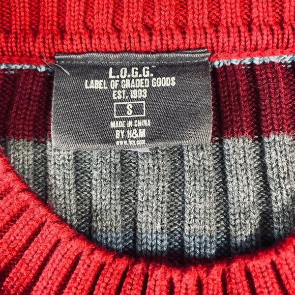 LOGG Striped Knit Sweater Womens Small Red Gray Ribbed Pullover Fall Winter Cozy - Picture 3 of 8